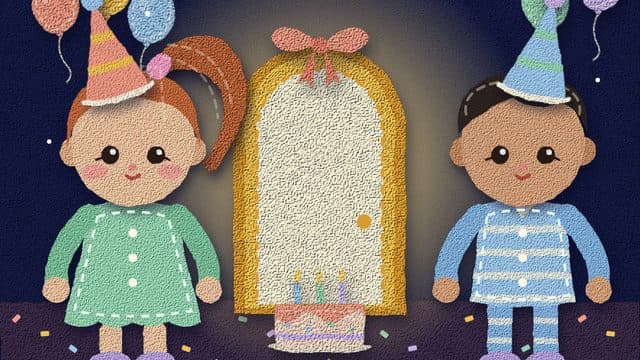 Two felt children in party hats beside a gold door and a birthday cake