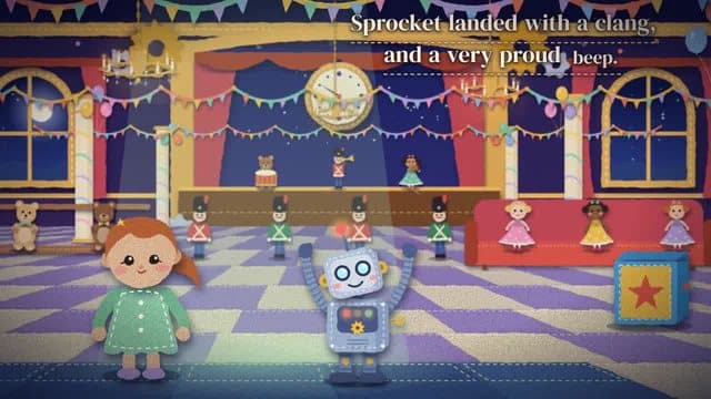 A felt child dancing with a friendly robot in a toy ballroom