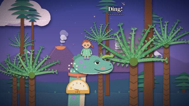 A felt child riding high on a long-necked dinosaur among the trees