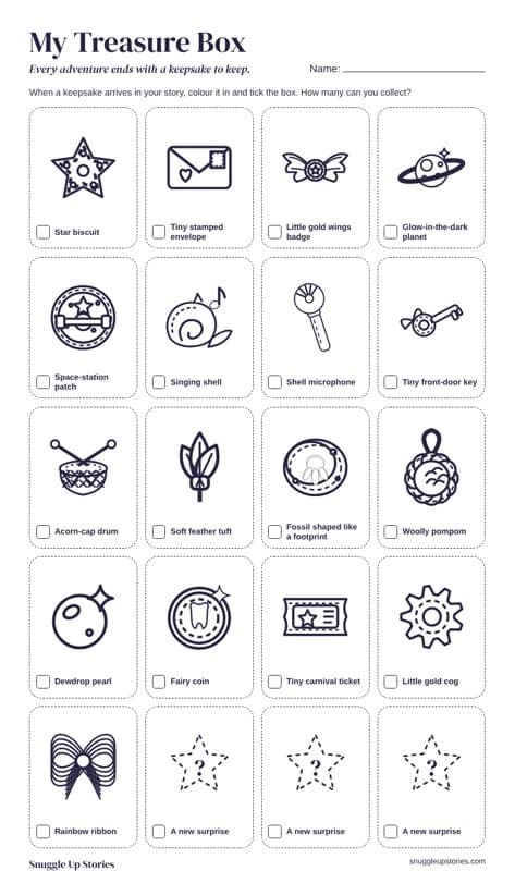 The Treasure Box colouring sheet: keepsakes drawn as outlines to colour in, each with a tick box