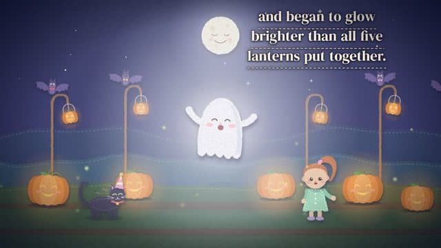 A friendly little ghost glowing beside smiling pumpkins and a felt child