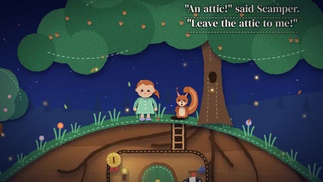 A felt child and a squirrel by a cosy home under a big tree